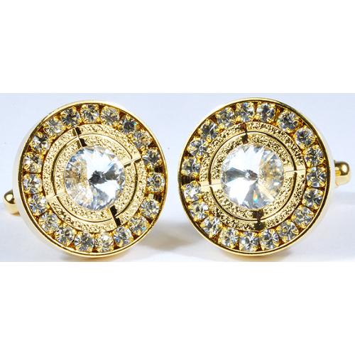 Fratello Gold Plated Round Cufflinks Set With Clear Rhinestone CL038